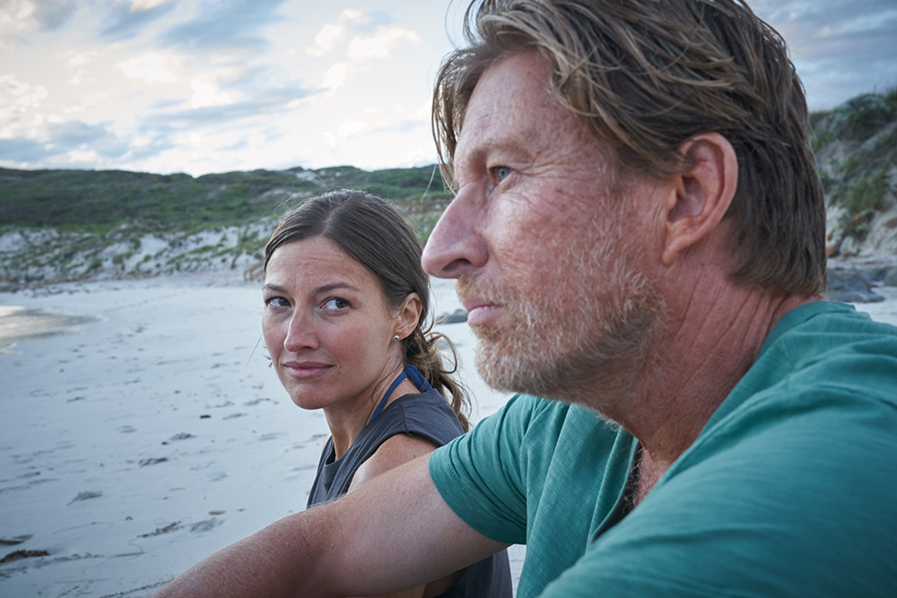 Georgie and Jim Buckridge (David Wenham) at the beach. Location: Picnic Cove. Credit: Kerry Brown